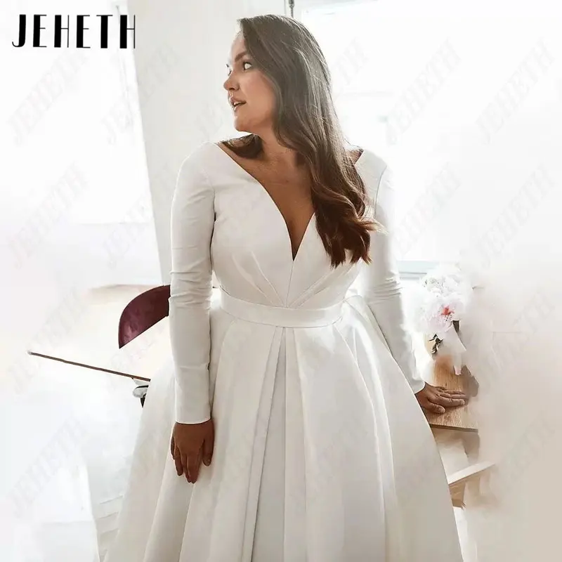 JEHETH Full 2025 Sleeves V-Neck Wedding new Dresses Plus Size Simple A-Line Satin Bridal Gowns For Woman Sexy Classic Vestido De Mariages