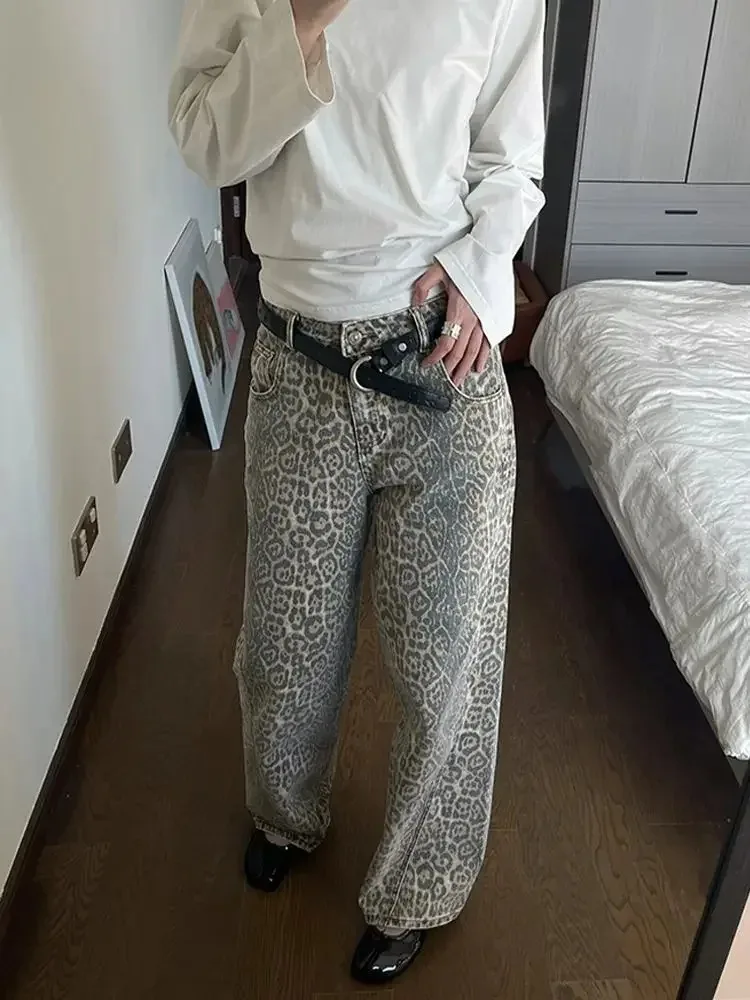 JRJL Leopard Print Jeans Woman Y2k Retro Street American Wide Leg Korean Style Wash Denim Pants Casual High Waist Baggy Jeans