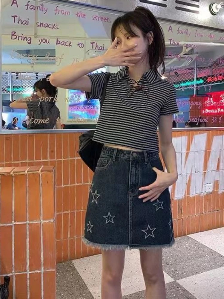 Haruku Women Denim Skirt Gothic Punk Vintage Star 2025 Embroidery High Waist Faldas Japanese Tassel new Y2k Skirts Saia Mujer