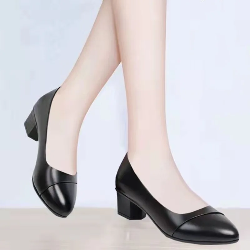 Shoes Women Mid Heel Office Lady Pumps PU Leather Black Basic Square Heeled Spring Autumn Loafers Female atos 4 ed