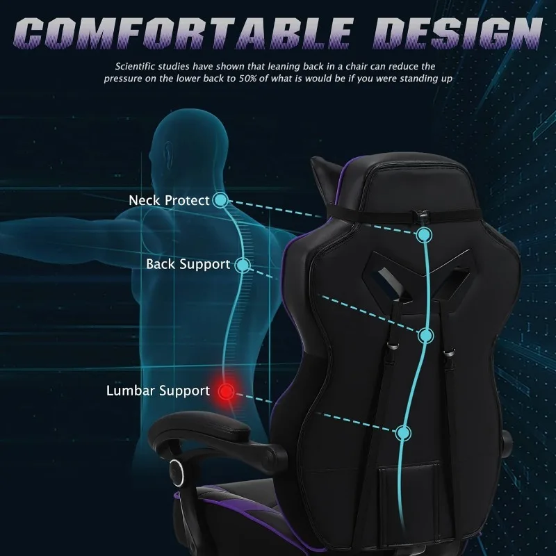 Zeanus Purple Gaming Chair Reclining Computer Chair with Footrest High Back Gamer Chair with Massage Large
