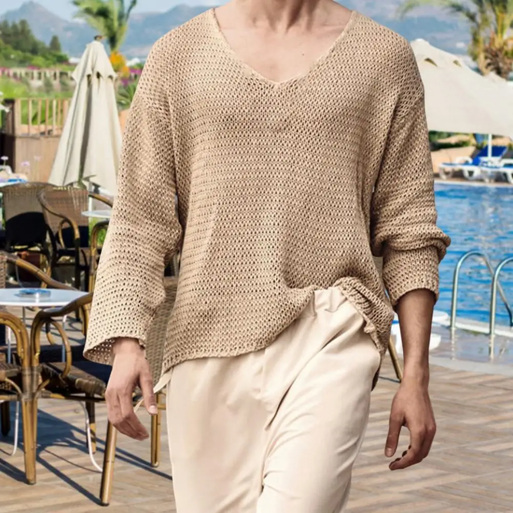 Neck V Men Sweater ddmysmile Easy To Match Breathable Elastic Comfortable Knit Long Sleeves Loose Pullover Fall Sweater Men Clothes Smile