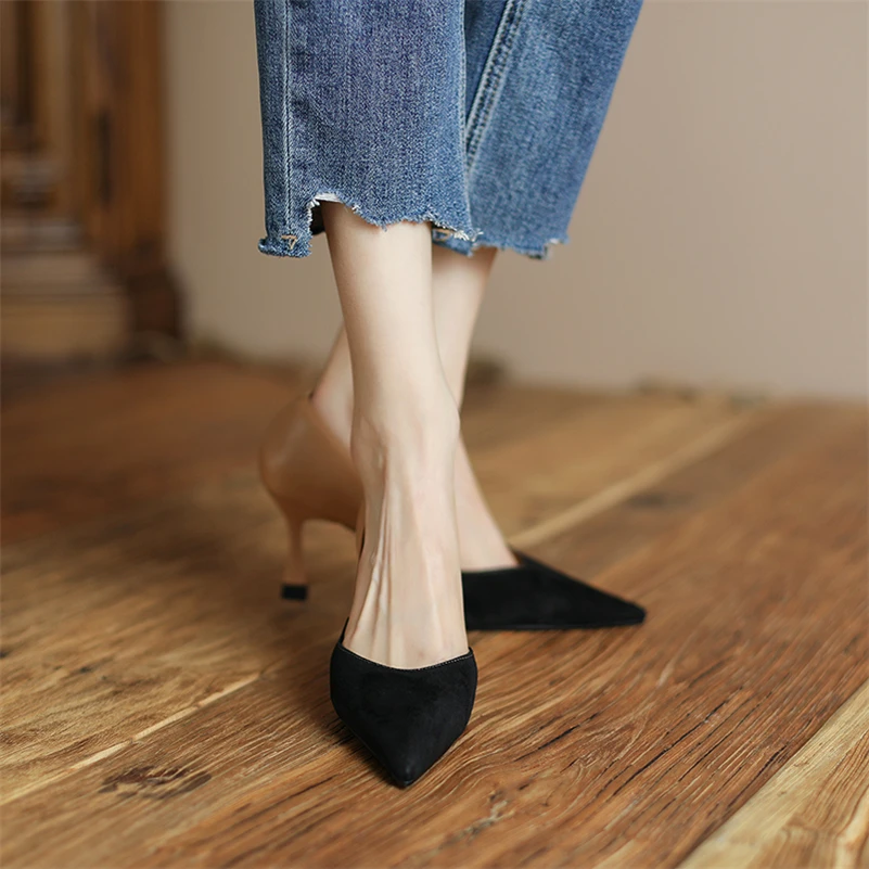 Meotina Women Two-Piece Shoes Genuine Leather High Heel Pointed Toe Pumps Thin Heels Kid Suede Shoes Ladies Autumn Beige 33-40