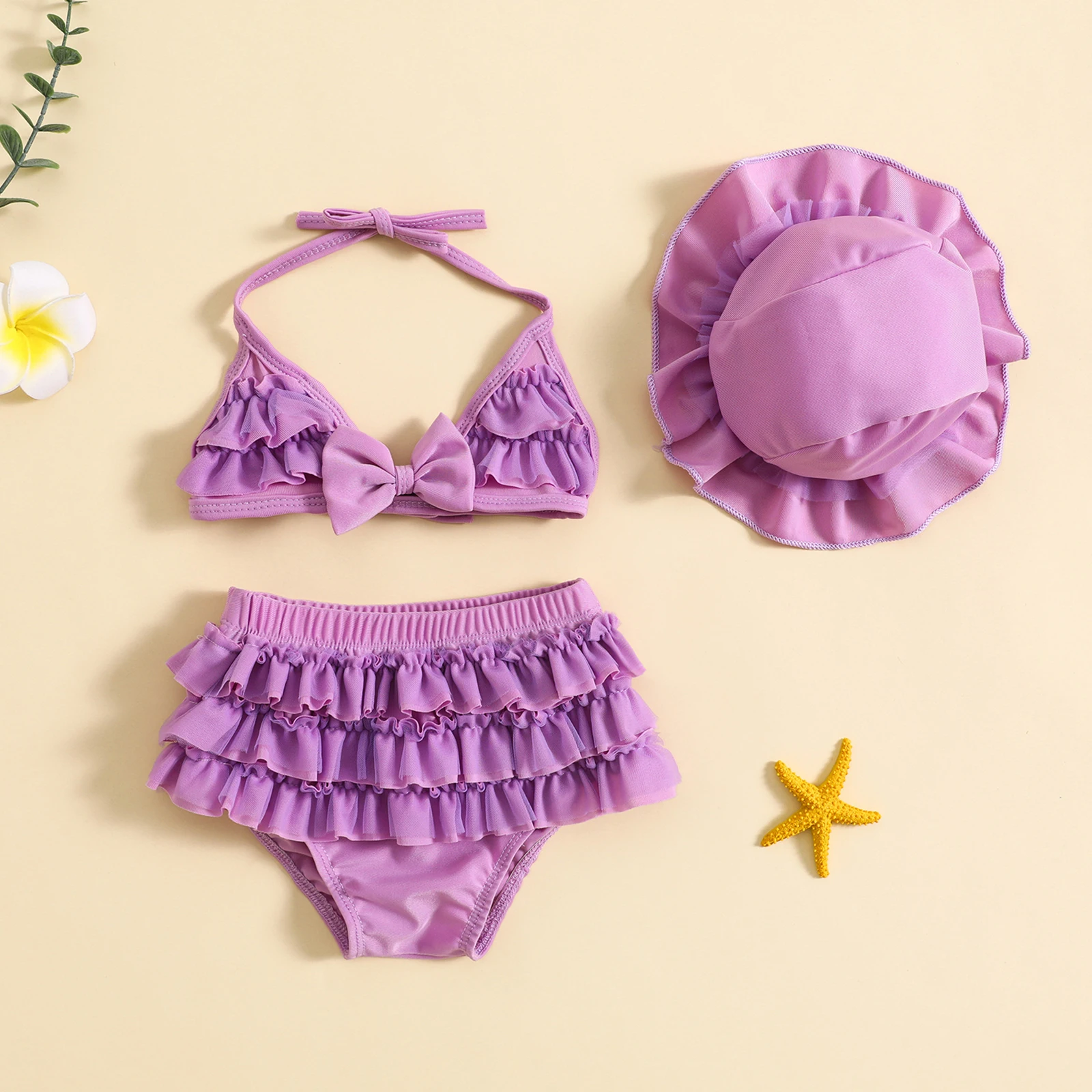 EWODOS Toddler Baby Girls Summer Swimwear Bikini Set Lovely Babies Halter Neck Tops + Layered Ruffle Shorts + Hat Swimsuit Sets