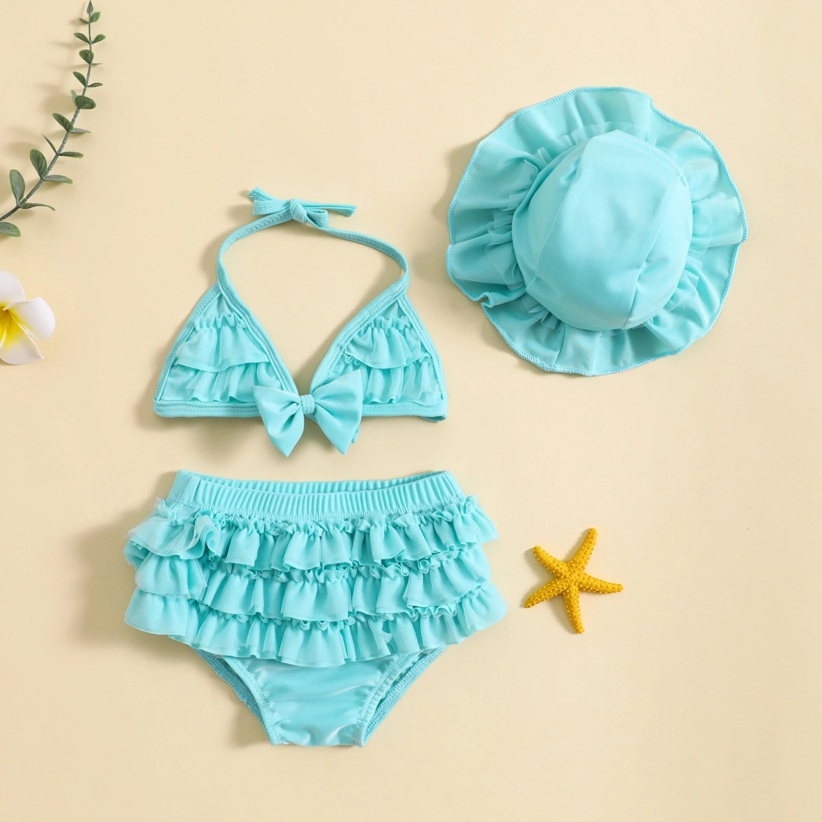 EWODOS Toddler Baby Girls Summer Swimwear Bikini Set Lovely Babies Halter Neck Tops + Layered Ruffle Shorts + Hat Swimsuit Sets