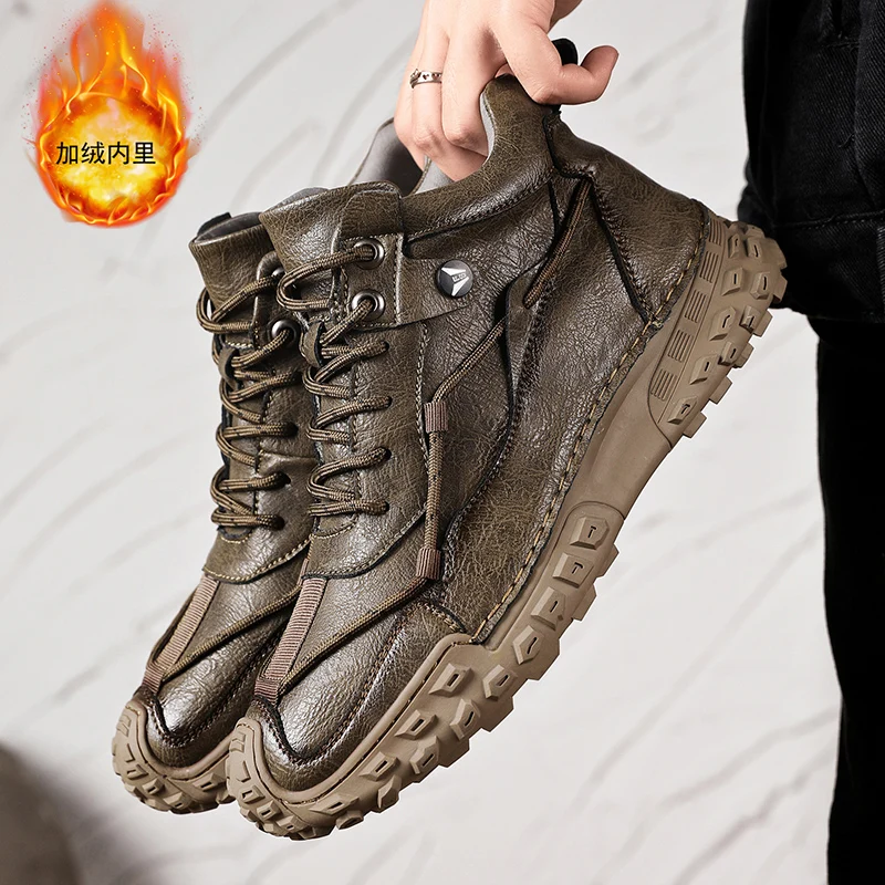 Winter Men Ankle Boots new with Fur Handmade Leather Snow Boots Designer Keep Warm Boots 2025 High Quality Work Boots Outdoor Sneakers