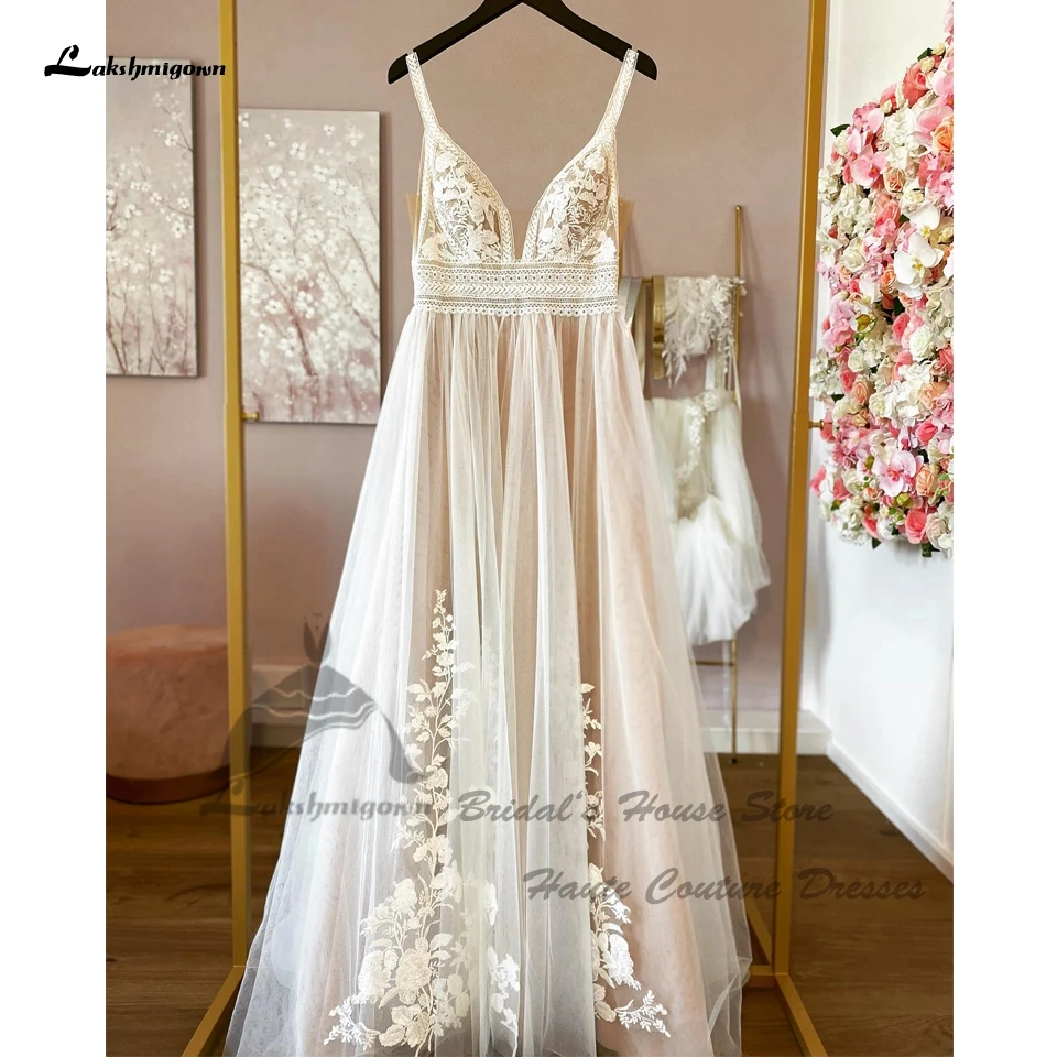 Lakshmigown Civil Boho new Champagne Wedding Dresses 2025 Spaghetti Straps 2024 Suknia Slubna Sexy Beach Bridal Gowns Lace Appliques