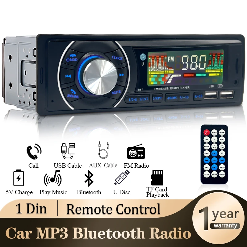 Car Audio Radio 1din Bluetooth Stereo MP3 Player FM Receiver 12V Support Phone Charging AUX/USB/TF Card In Dash Kit