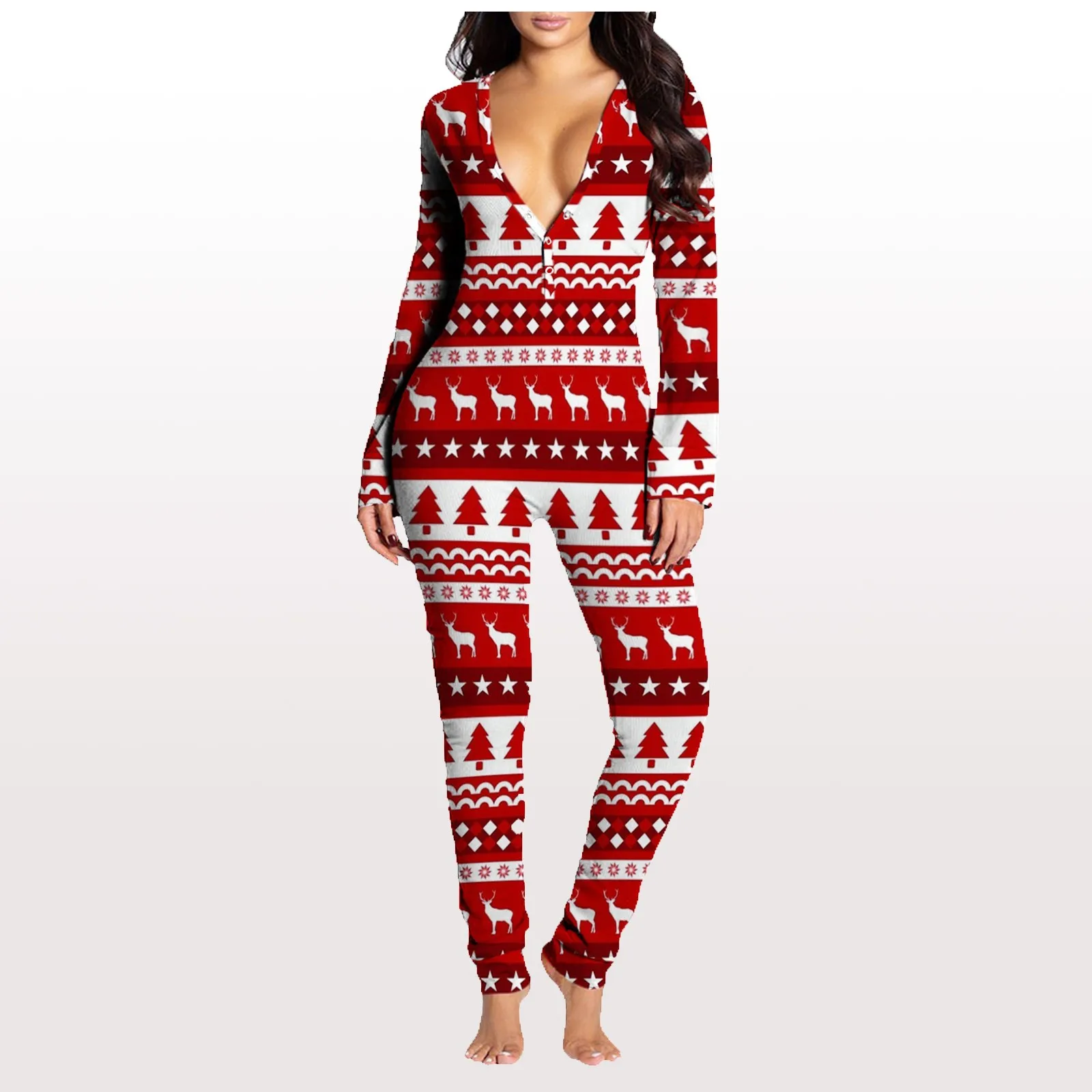 2021 Christmas Women Onesies Sexy Open Crotch Sleepwear With Butt Flap Winter Xmas Printed Female Pijamas Pijama Feminino Z40
