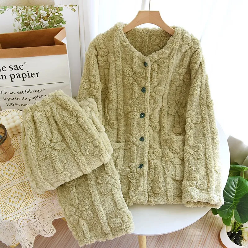 Autumn Winter Warm Pajamas For Women Sleepwear Top PJ Pants Pijama Mujer Invierno Pyjama Pour Femme Conjunto Flannel Round Neck