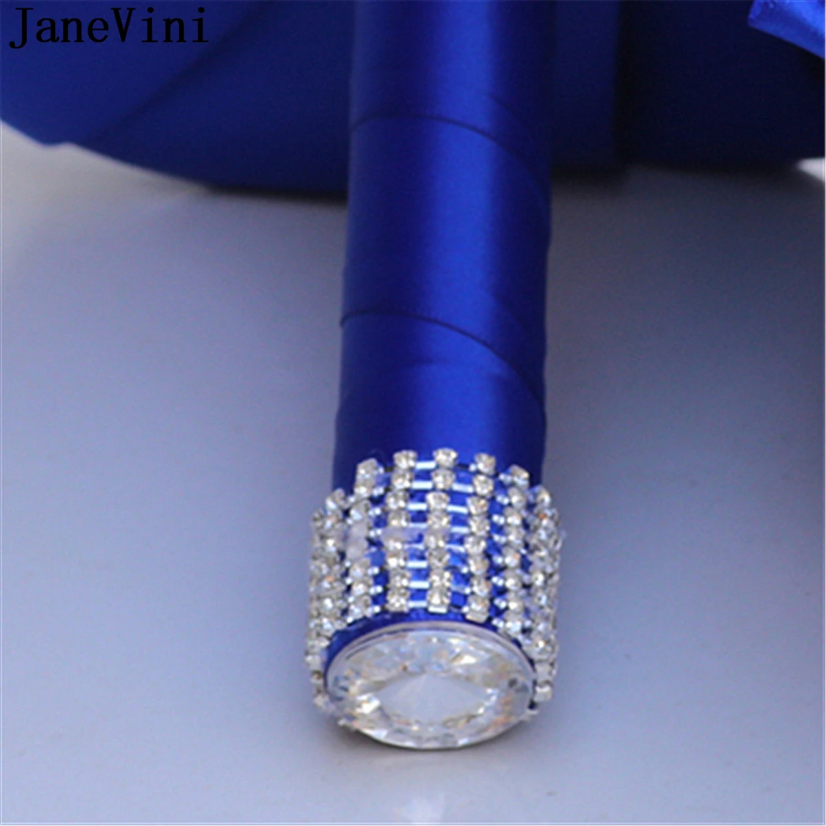 JaneVini Royal Blue Cascading Wedding Bouquets with Silver Crystal Jewelry Handmade Beaded Satin Rose Waterfall Bridal Flowers