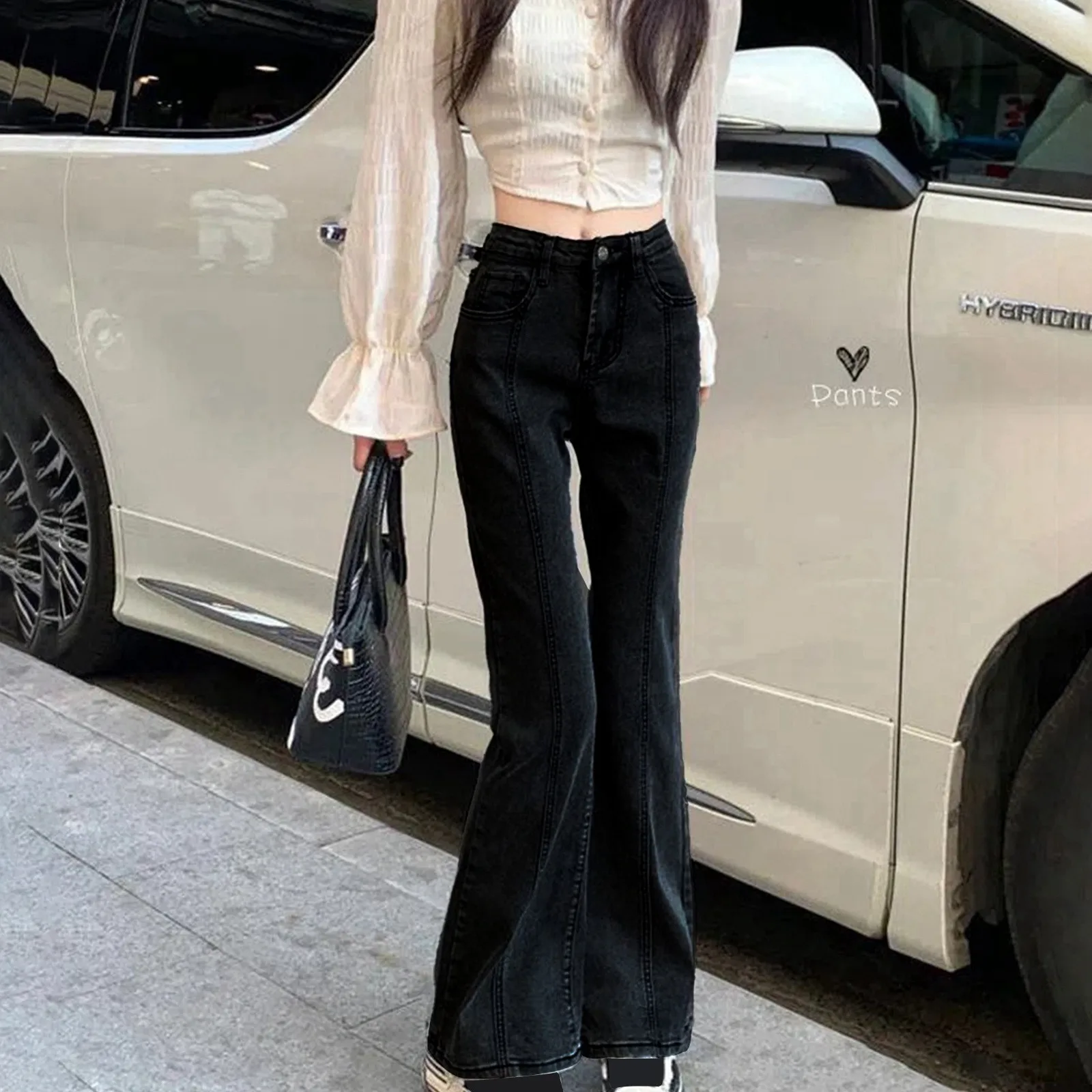 Skinny Flared Pant Jeans Women High Waist Retro Micro Pear Shape Shows Thin Trouser Denim Pants S
