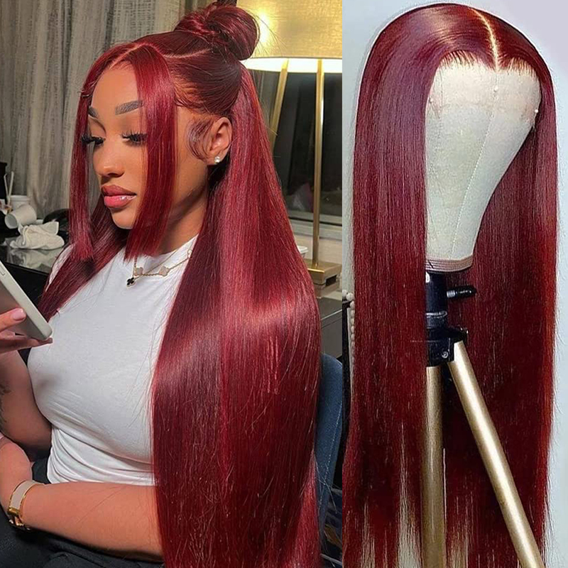 Peruca brasileira natural com renda frontal, cabelo liso, Borgonha 99j, 13x4, 13x6, hd, 4x4, para mulheres