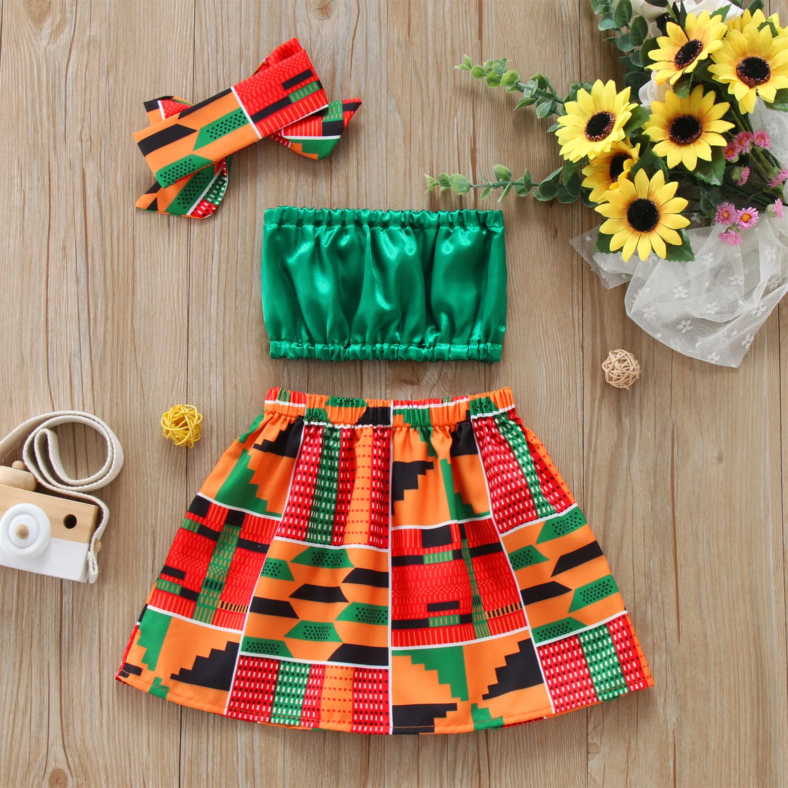Children's Sets new Toddler Kids Baby Girls 2025 Summer Clothes African Style Vest Tops Dashiki Skirts Headband Ankara Outfits Set
