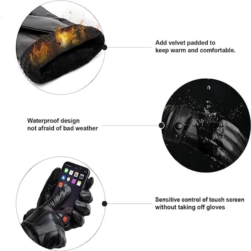 BISON DENIM 100% Genuine Leather Sheepskin Gloves Men Winter Warm Fleece Touch Screen Gloves Driving Cycling Running Ski Gloves