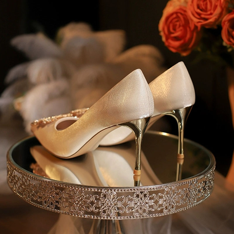 French-Style Wedding Bride Design Crystal Thin Heels Pumps Women Elegant Pointed Toe High-Heeled Woman Prom Shoes 4 8520c