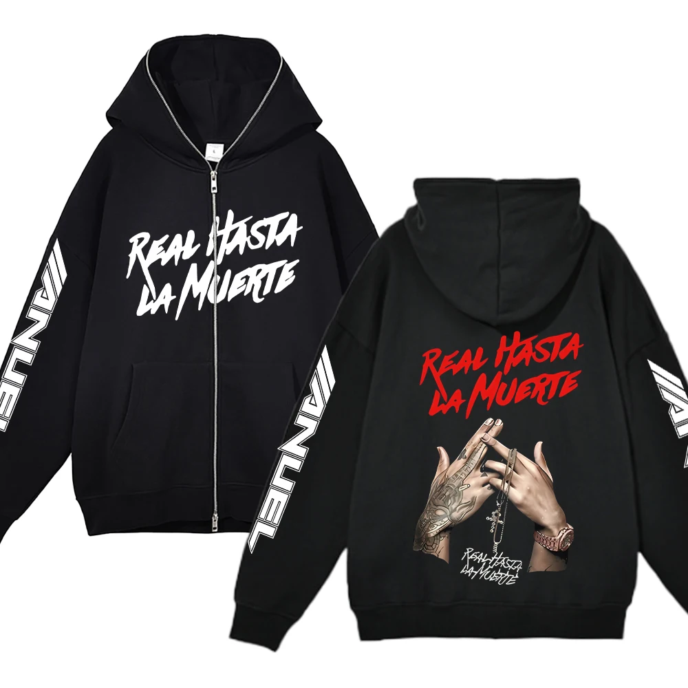 Hip Hop Streetwear Hoodie Anuel AA Real Hasta La Muerte Print Full Zipper Hoodies Punk Rapper Loose Sweatshirts Y2K Cardigan