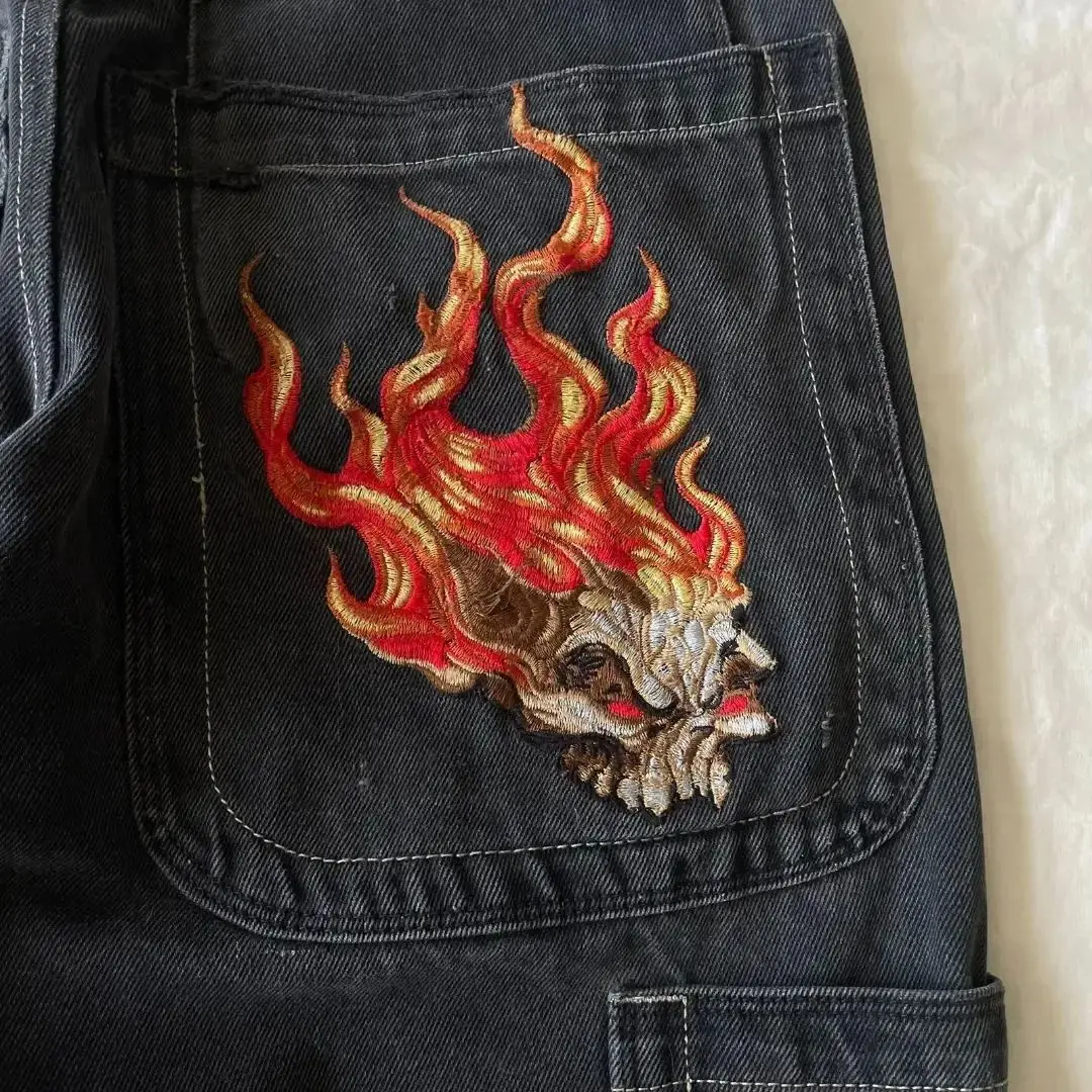 Streetwear JNCO Jeans Y2K Hip Hop Flame Skull Embroidery Retro Baggy Jeans Black Pants Punk Rock Gothic High Waist Wide Trousers