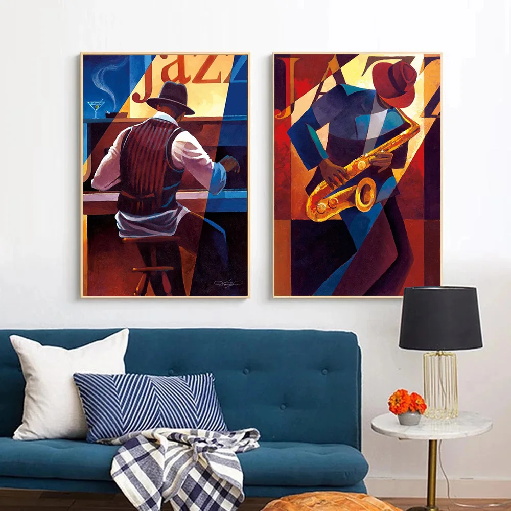 Abstract Jazz Musician Saxophone Trumpeter Singer Vintage Poster Canvas Painting Wall Art Pictures Home Cafe Bar Interior Decor