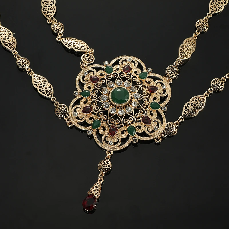 Moroccan Wedding Back Jewelry for Women Flower Design Gold Color Crystal Shoulder Chain Jewelry Kaftan Long Necklace