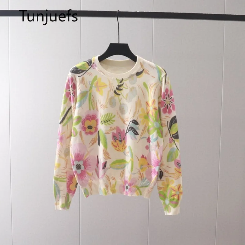 Women Sweaters new Brand High Quality Flowers Print Wool Knit Tops Long 2025 Sleeve Jumper Jersey Blouses New Korean Style Cute