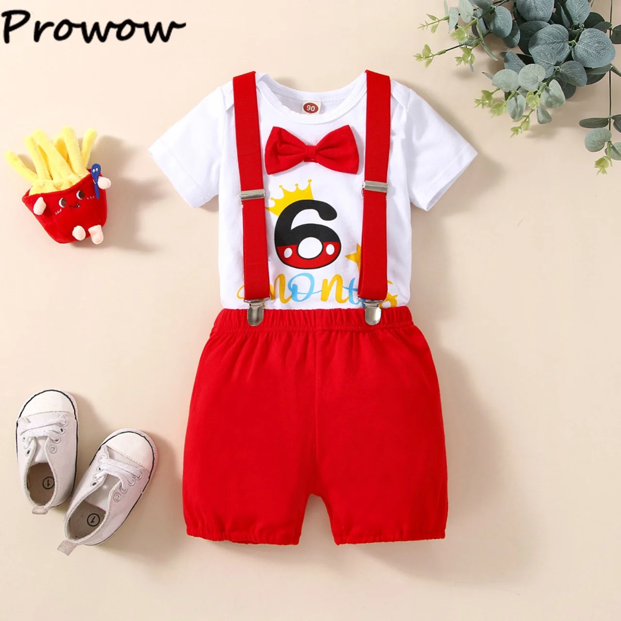 Prowow Half Birthday Clothes Baby 2025 Boys Set Letter Romper+Red Overalls Pants new 6 Months Birthday Cake Smash Outfits For Boy