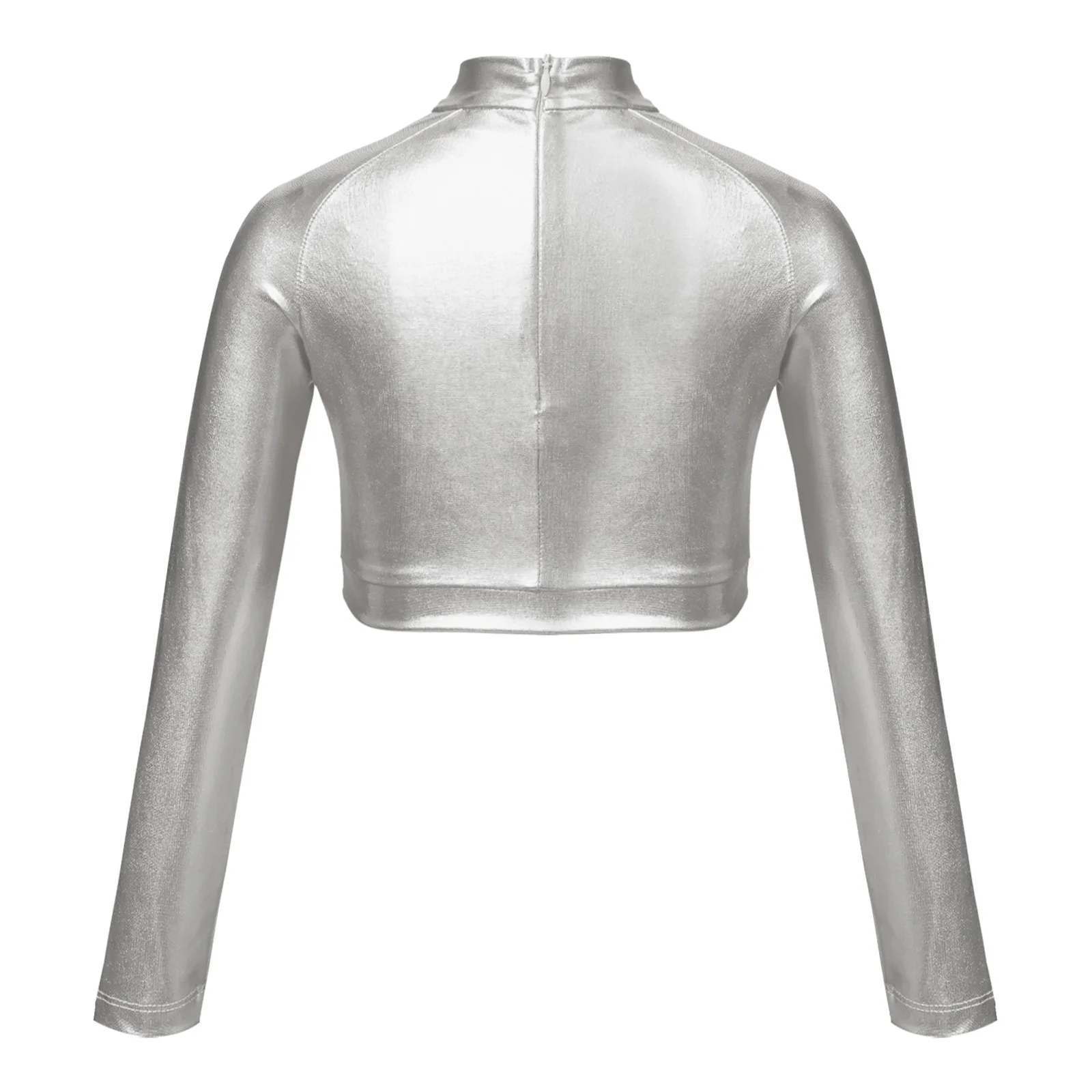 Kids Girls Shiny Metallic Crop Top Mock Neck Long Sleeve Front Sequin Fully Lined Athletic T-Shirts Jazz Hip-hop Dance Tops