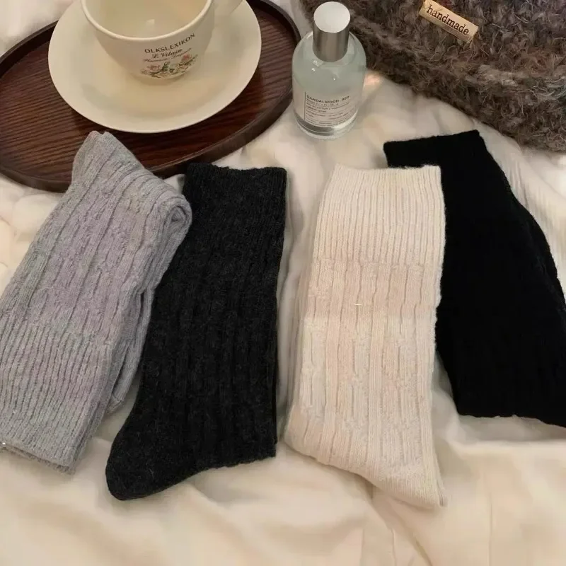 pairs Winter Cashmere Wool Socks Solid Color Haruku Retro Long for Women Knitted Warm Thermal Streetwear Crew Sock 5