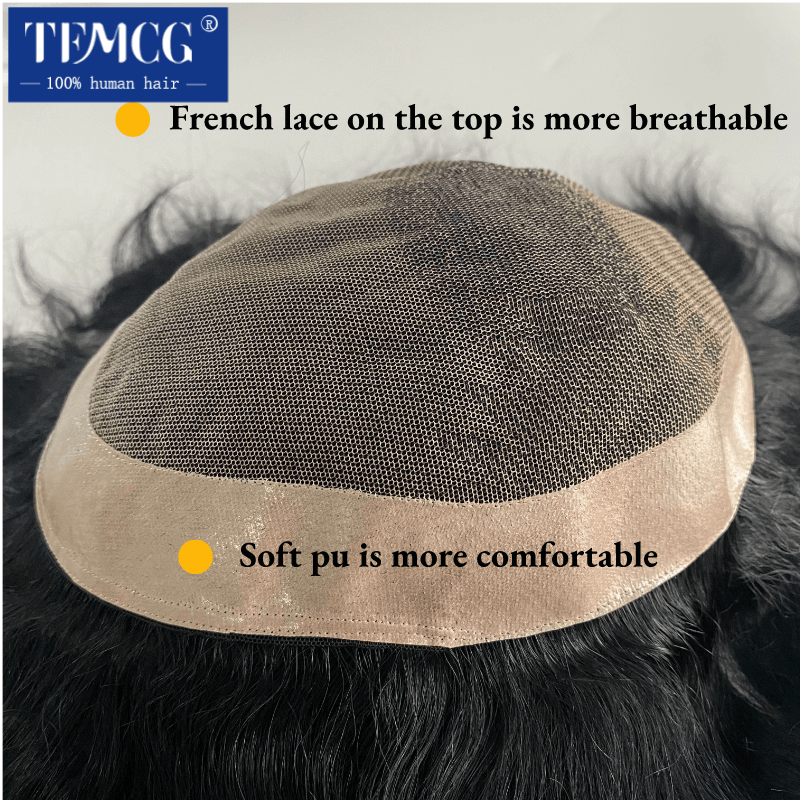 D7-5 French Lace with Soft Pu Male Hair Prosthesis Natural Human Hair Toupee Breathable Toupee Men Exhuast Systems Free Shippin