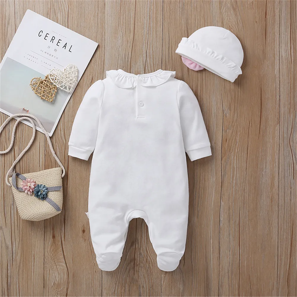 Newborn Baby Girls Romper Jumpsuit Long new Sleeve Lace Ruffle Infant 2025 Jumpsuit with Cap Toddler Clothing 0-12M