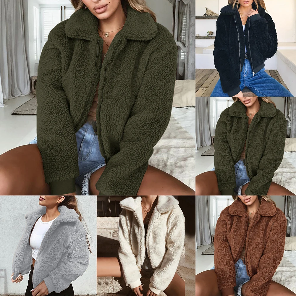 New Womens Autumn 2025 Winter Warm Thickened Faux Teddy Bear Fleece Coat Ladies Zip Up Jacket Outwear Plain new Lapel Solid Ladies Coats