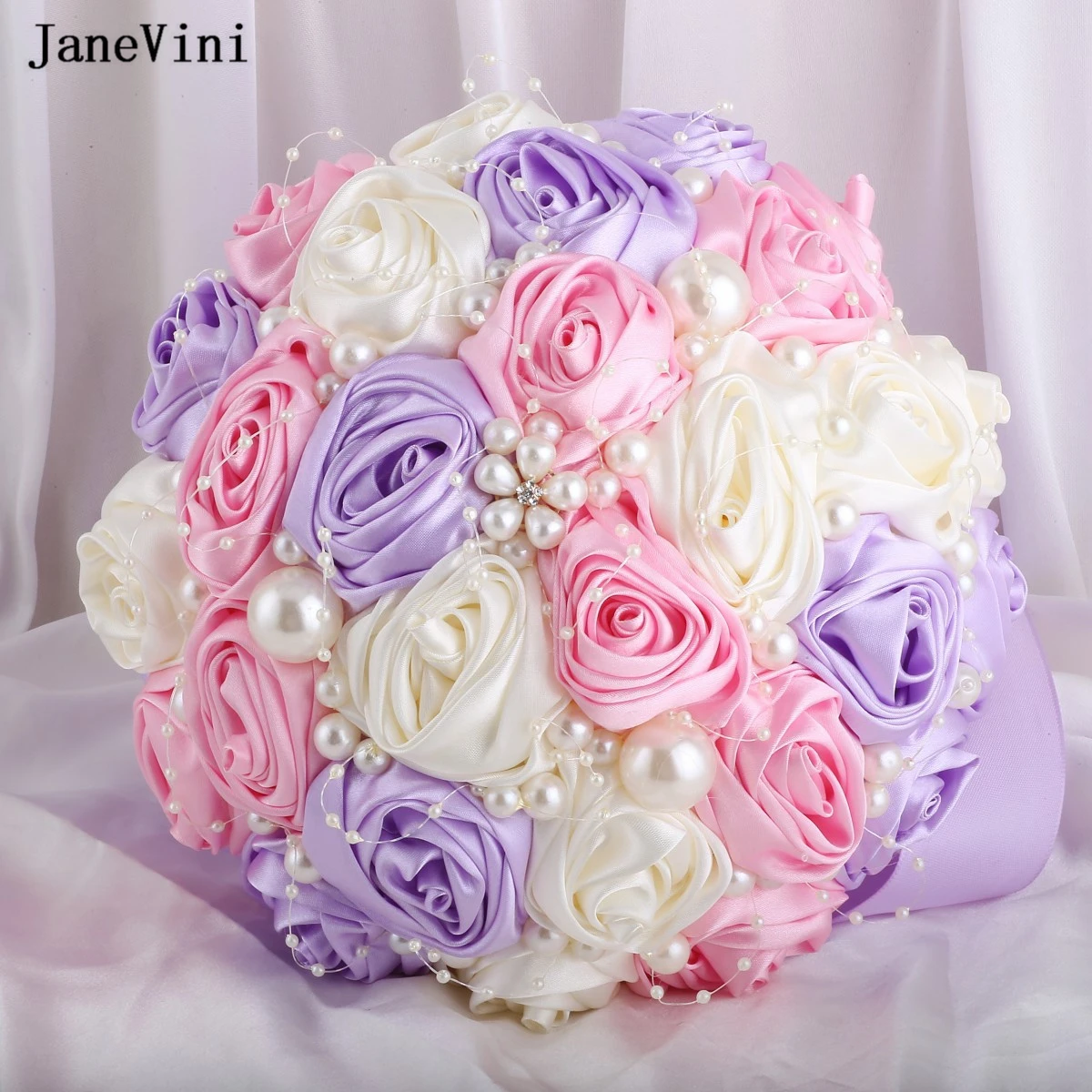 JaneVini Charming Korean Pink Purple Wedding Flowers Bridal Bouquets with Pearls Artificial Satin Roses Bouquet Bride Decoration