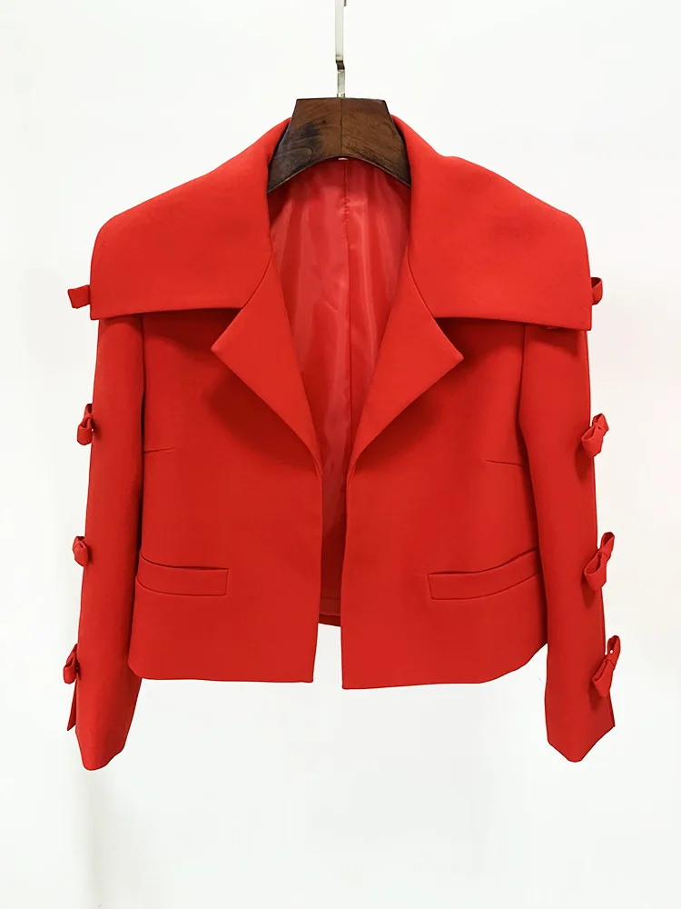 Red Short Cardigan Bow Jacket Coat 2024 Spring New Designer 2025 Hollow Bow Split Three Quarter new Sleeve Short Cardigan Jacket Women