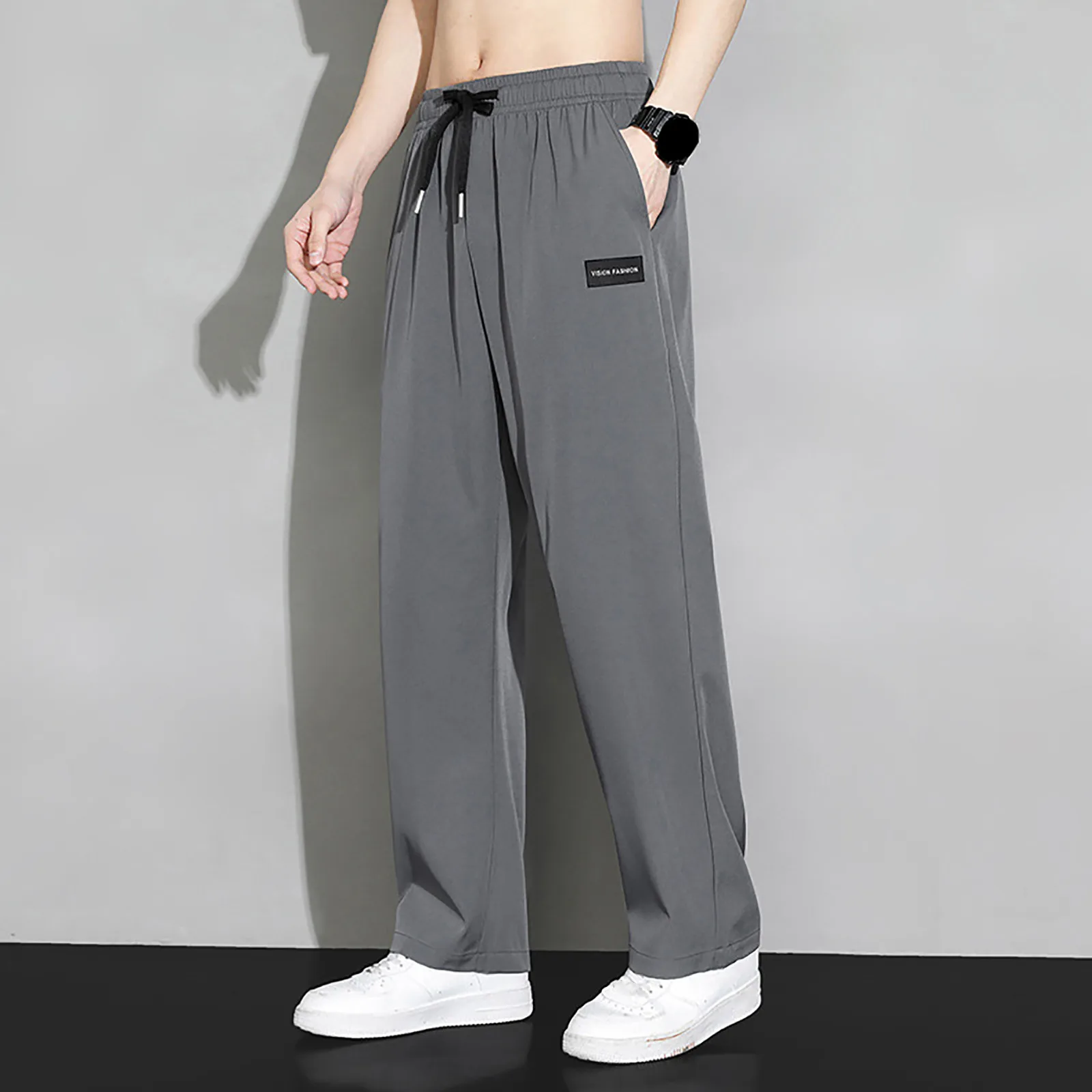 Casual Pant Men Solid Baggy Wide Leg Pants Ankle Length Elastic Waist Loose Straight Trousers Men Tracksuit Bottoms Large Szie