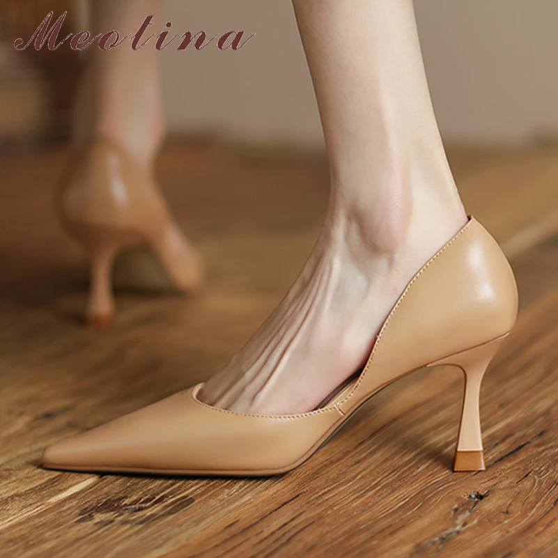 Meotina Women Two-Piece Shoes Genuine Leather High Heel Pointed Toe Pumps Thin Heels Kid Suede Shoes Ladies Autumn Beige 33-40