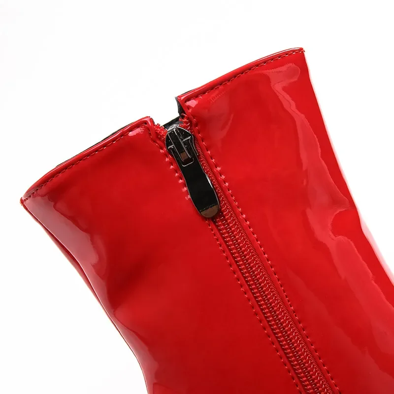 The New Patent Leather Ankle Boots Women Winter Autumn Square High Heel Zipper Boots Pointed Toe Woman Shoes White Red Black 39