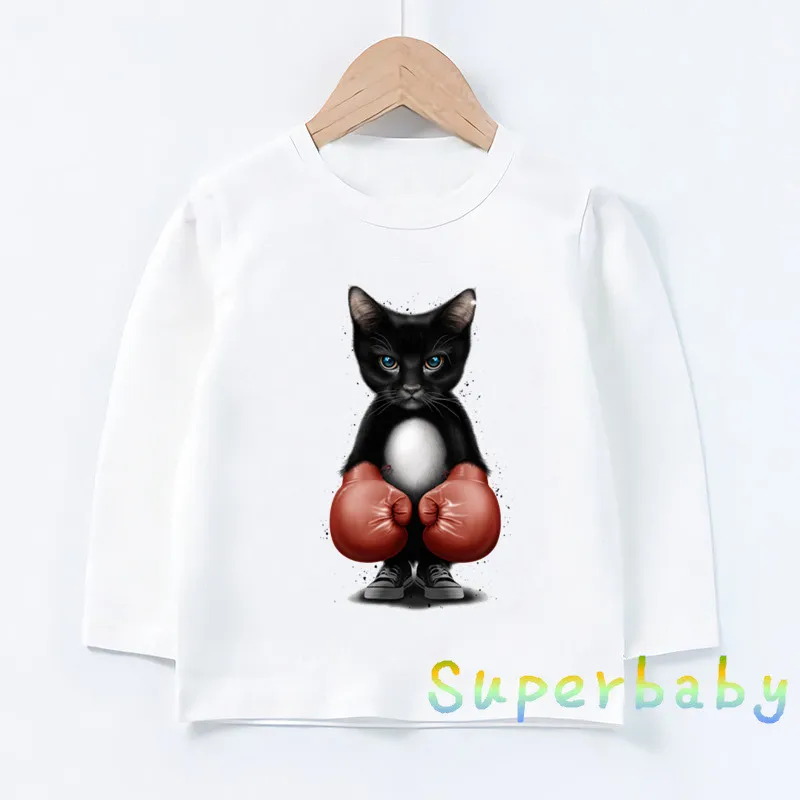 Kids T-Shirts Super Cool Boxing Cat Attack Print Funny new 2025 Girls Boys Clothes Autumn Baby Long Sleeve T shirt Casual Children Tops