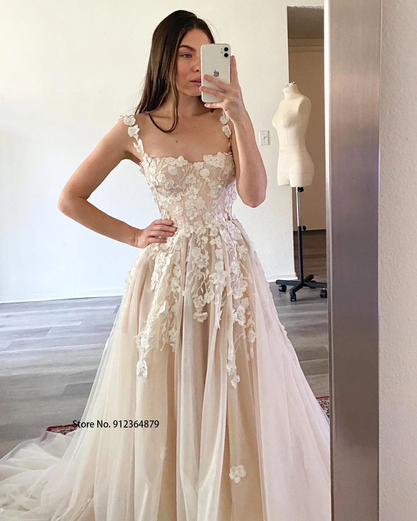Elegant Two Straps 3d Flower Lace A Line Wedding Dresses Champagne Liner Tulle Appliques Formal Bridal Gowns Womens 2023