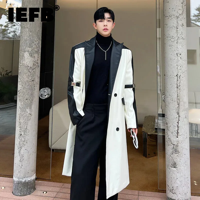 IEFB Korean Style Long Windbreaker Men's Autumn Winter Trend Niche Design Black White Contrast Color Leather Trench Coat 9C3158