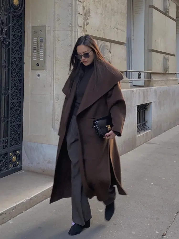 Split Wool Blends Long Overcoat Female's Solid Lapel Cardigan Maxi Coat 2023 Autumn Long Sleeve Ladies Street Chic Outerwear
