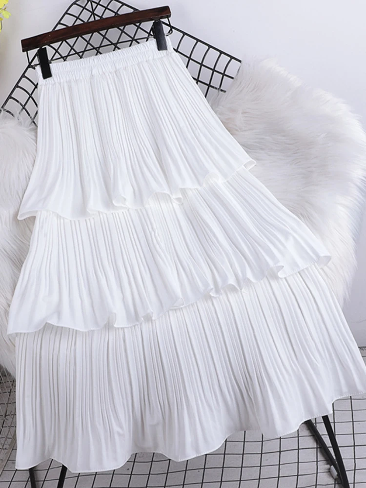 TIGENA Tiered Pleated Long Skirt for Women New Korean Casual Solid All-match A Line High Waist 2025 new Mid-length Skirt Female Purple
