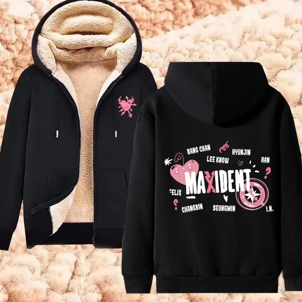 Winter Stray Kids Hooded Zip-up Jacket Woman Hood Zipup Korean Style Clothing new Kpop Sweatshirts 2025 Warm Streetwear Y2k Sweatshirt