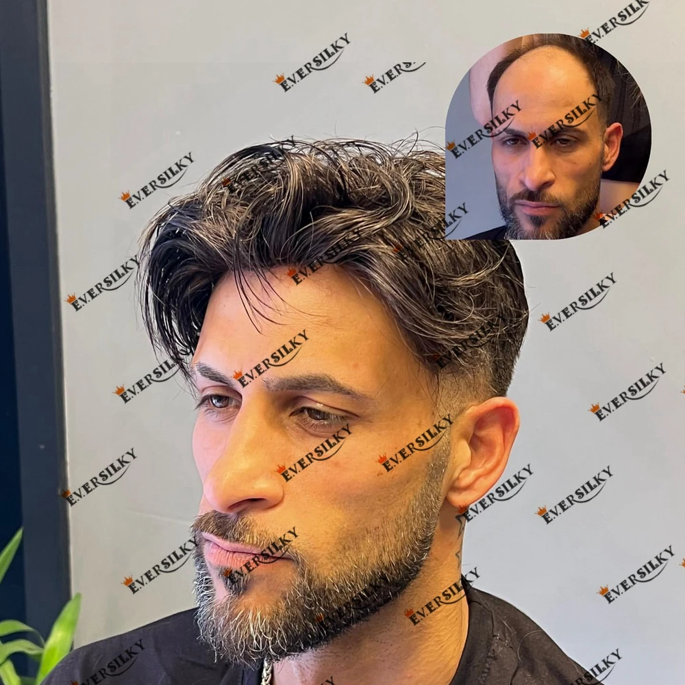 1B20 1B40 Gray Hair Men's Toupee Scalloped Frontline Natural Undetected Skin Base Capillary Prosthesis Hair Replacement System