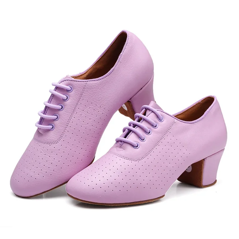 New Arrival Cowhide Latin Dance 2025 Shoes for Women 5cm High Heel Ballroom Dance Shoes Orange Pink Purple new Girls Dancing Shoes