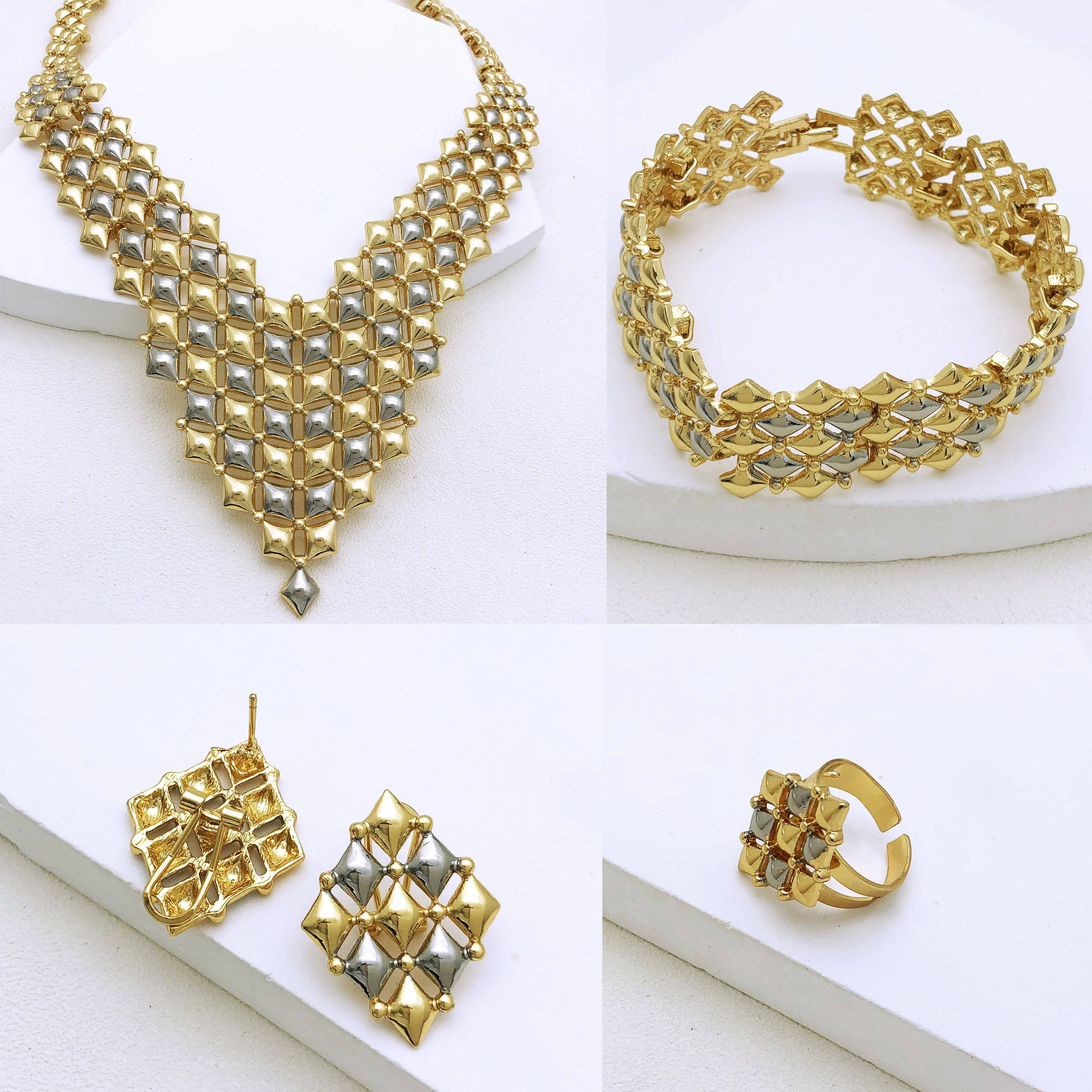 Italian Gold Plated Jewelry Sets Women Large Necklaces Earring Ring Bracelet Wedding Party Jewelry Accessories Free Shipping
