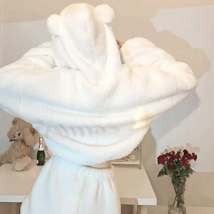 Korean Fluffy Long Sleeve Polar Fleece Hooded Tops Women+ Y2k E-Girl High Waist Shorts 2024 Winter New Two Piece Sets