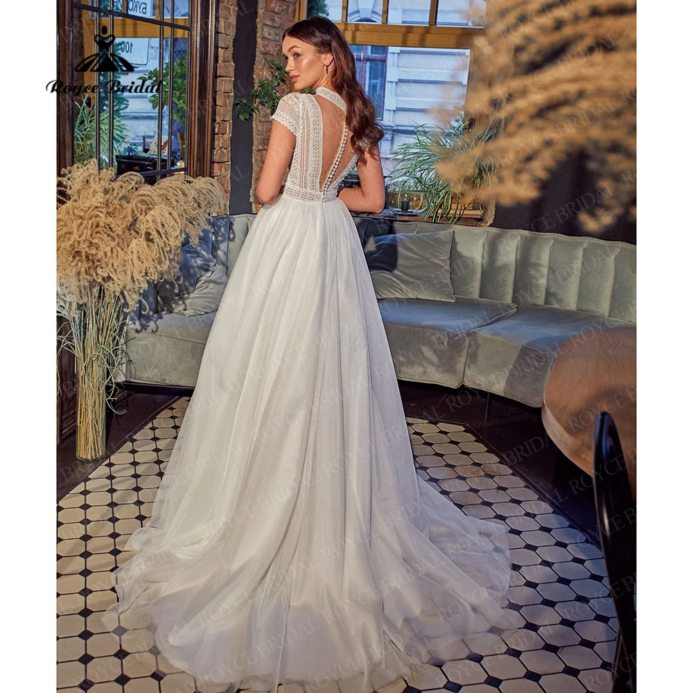 Elegant Bohomia Wedding Dresses Lace Tulle Beach Bridal Gowns Short Cap Sleeves Classic Wedding new Dresses vestido 2025 de novia sencill