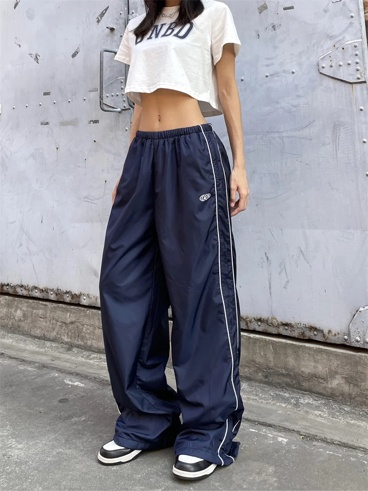 QWEEK Y2K Vintage Navy Blue Track Pants Women Gorpcore Streetwear Gray Sports Trousers Oversize Korean Black Wide Leg Sweatpants