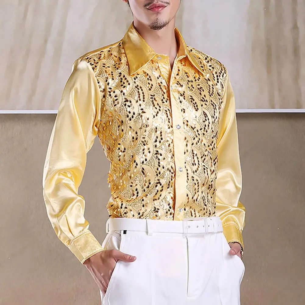 Shirt Men Sleeve Long Formal Shirt Tops Men's Sequins Performance Shirt for Wedding Stage Formal Events Long for Men 's smile 's '