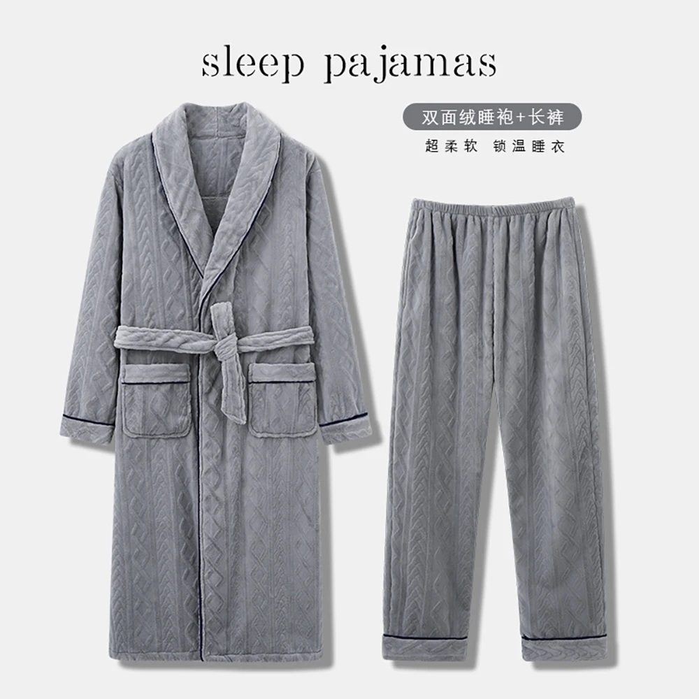 Men's Terry Kimono Winter Coral Fleece Thicken Warm Long Robe For Men+Flannel Long Pants Solid Soft Bathrobe Set pyjama homme